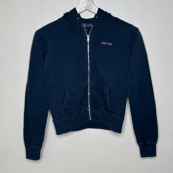 Ralph Lauren Black Pink Pony Logo Hoodies Women's Small Black Full Zip - Picture 1 of 11